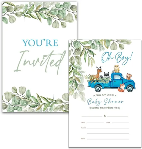 Miniatura 2 de YIDOU Woodland Blue Truck Boy Baby Shower Invitaciones para fiesta de Greenery Woodland Animal Rellenar tarjetas de invitaciones 20 invitaciones