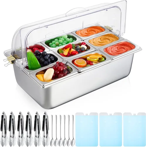 Miniatura 9 de Tessco for you 16 piezas de contenedor de condimentos para servir alimentos y especias, con tapa, para exhibición en mostrador, enfriado, de acero