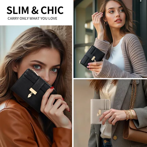 Miniatura 5 de Billetera pequeña para mujer, plegable, de piel suave, tarjetero con ventana de identificación, con cremallera, bolsillo para monedas, carteras