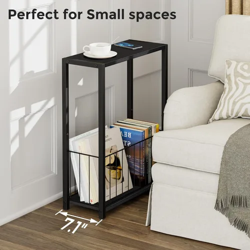 Miniatura 3 de Homleke Juego de 2 mesas laterales estrechas con soporte para revistas, mesas auxiliares delgadas perfectas para espacios pequeños, diseño que Negro