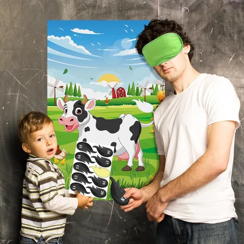 Miniatura 8 de Hxezoc Pin The Tail on the Cow Game con 50 piezas de colas, póster de juegos de fiesta de vaca grande para niños, fiesta de cumpleaños temática