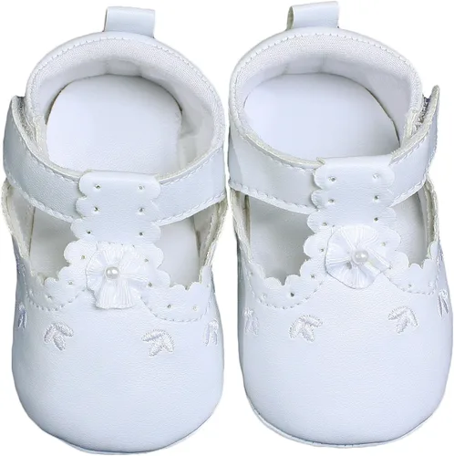 Miniatura 2 de Little Things Mean A Lot Baby Girls All White Faux Leather Zapato de cuna Mary Jane con acentos de perforación