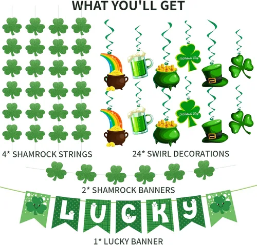Miniatura 2 de 31 piezas de decoraciones del día de San Patricio, trébol premontado, banderines de la suerte, trébol, remolinos colgantes, decoración irlandesa