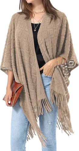 Soul Young - Chal de punto para mujer, poncho con flecos y capa