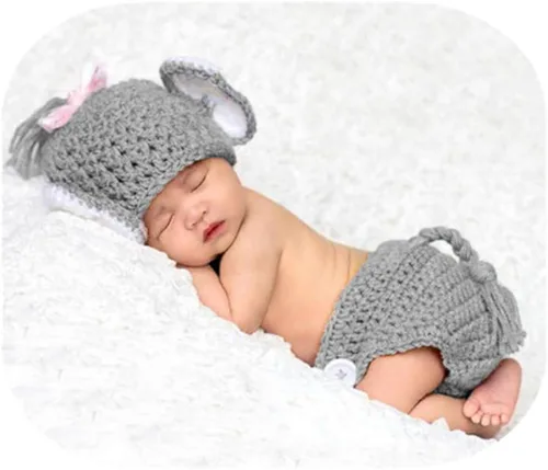 Accesorios de fotografía para bebé recién nacido, sombrero de elefante con pantalones cortos, fotografía mensual para niña, color gris Gris y rosa