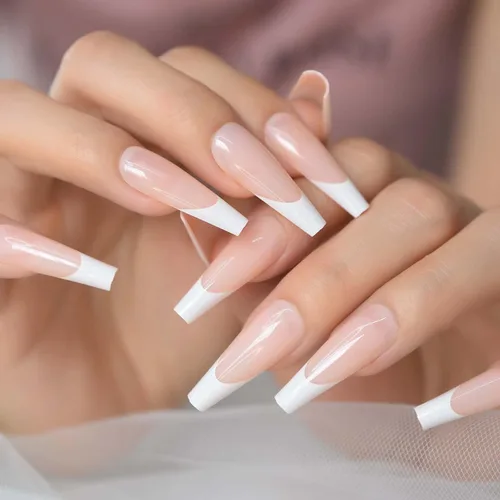 Miniatura 2 de Puntas de uñas largas tipo ataúd, puntas de uñas blancas a presión, uñas postizas artísticas francesas diseñadas con uñas de gel UV, uñas de salón