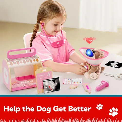 Miniatura 4 de TOP BRIGHT Kit de médico para niños pequeños de 3 a 5 años, juego de simulación con disfraz de veterinario rosa, kit de DR juguetes de vestir