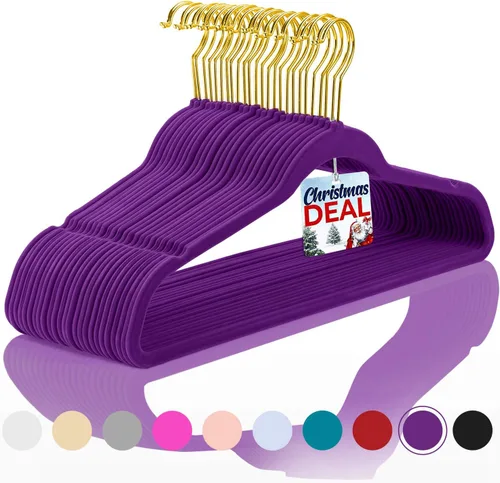 Miniatura 10 de MIZGI Perchas de terciopelo prémium (paquete de 50) resistentes y antideslizantes, perchas de terciopelo rosa rubor - ganchos dorados, perchas