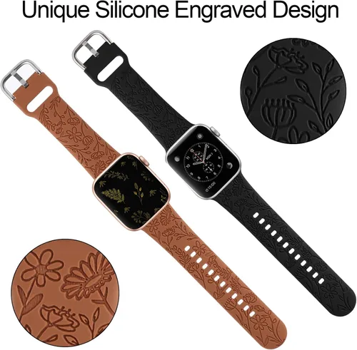Miniatura 5 de Paquete de 2 correas deportivas grabadas con flores compatibles con correas de Apple Watch de 1.496 pulgadas, 1.575 pulgadas, 1.614 pulgadas