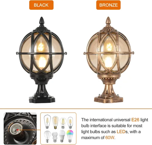 Miniatura 8 de Lámpara de poste para exteriores, base E26 de 60 W máx. Luces de columna con carcasa de aluminio negro más vidrio ámbar IP55 impermeable linterna