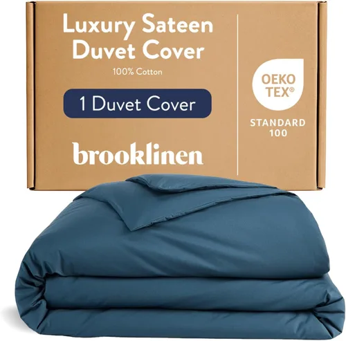 Brooklinen Funda de edredón de satén de lujo, 100% algodón, tamaño individual/individual XL, color azul abismo con lazos en las esquinas extralargos