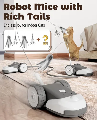 Miniatura 2 de CYROS Juguete interactivo 3 en 1 para gatos - Juguetes para gatos de ratón móvil automático de 2 velocidades para juego independiente con 2 piezas