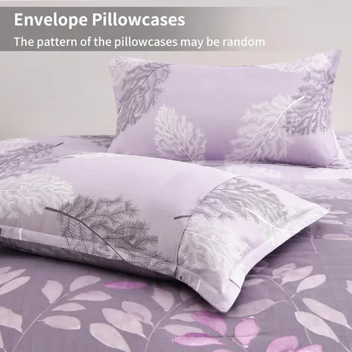 Miniatura 4 de DJY Juego de edredón de color morado, tamaño King, edredón de hojas botánicas para cama King, juego de edredón reversible floral de 3 piezas, juego