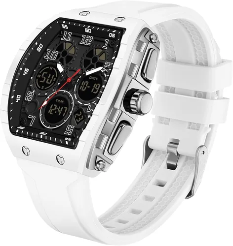 Miniatura 12 de Relojes para hombre, únicos rectángulos, reloj de pulsera blanco con pantalla digital analógica de doble hora, cronómetro de cuenta regresiva, Negro