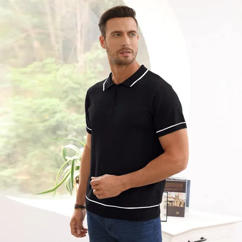 Miniatura 2 de Polo de manga corta para hombre, ajuste regular, informal, de punto sólido, con cremallera de un cuarto, para golf