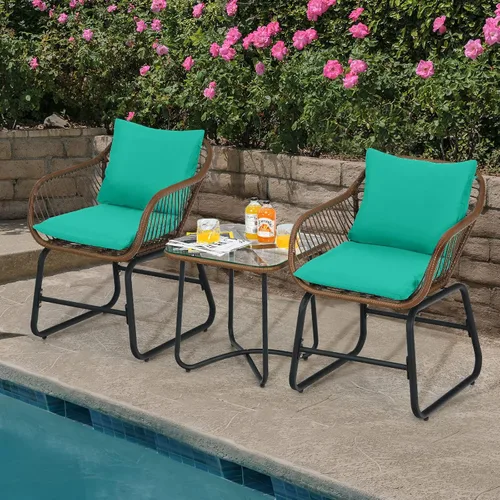 Miniatura 4 de COSTWAY Juego de 3 piezas de ratán para patio, silla acolchada, cubierta de mesa de cristal, turquesa