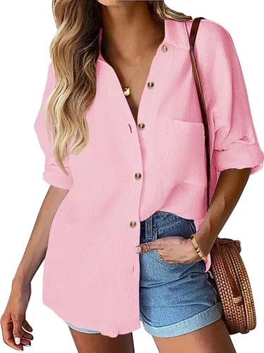 Miniatura 12 de HOTOUCH Camisa de manga larga con botones de lino para mujer, blusa de algodón casual, holgada, con cuello, para trabajo, de gasa, con bolsillo