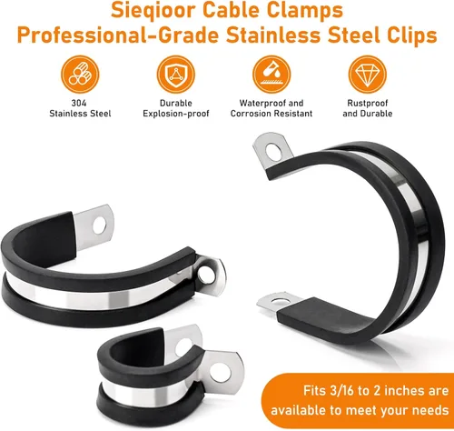 Miniatura 2 de Paquete de 18 abrazaderas de cable de 1-1/2 pulgadas, abrazaderas de cable de acero inoxidable 304, abrazadera aislada acolchada de goma, soporte