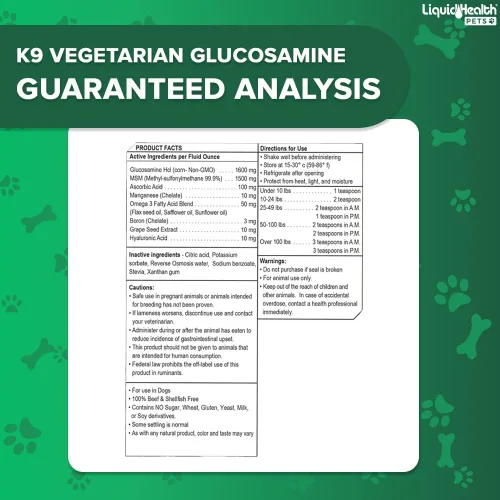 Miniatura 6 de LIQUIDHEALTH Glucosamina líquida vegetariana K9 de 32 onzas para todos los perros, condroitina, MSM, Omega 3, ácido hialurónico antioxidantes, salud