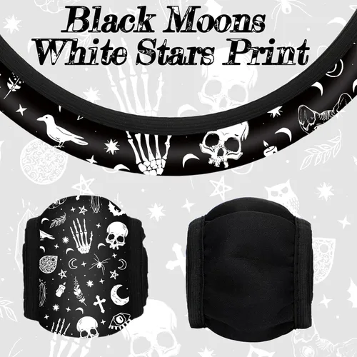 Miniatura 3 de Juego de 4 piezas de accesorios para auto con estampado de lunas negras y estrellas blancas, funda para volante con estampado de lunas negras