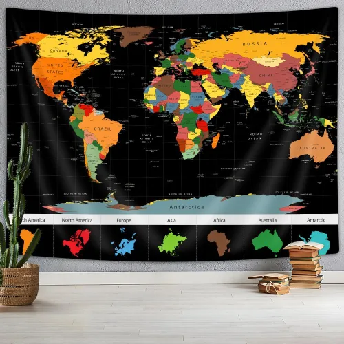 Miniatura 3 de Xguatan Tapiz de mapa del mundo para niños y estudiantes, mapa del mundo vintage, países educativos, ciudades, tapiz colgante de pared para aula