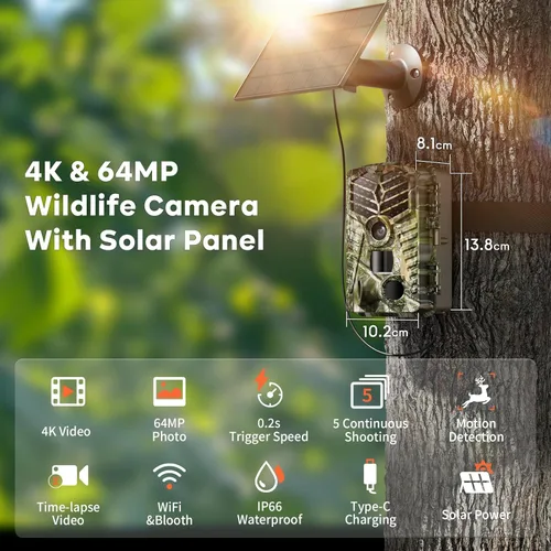 Miniatura 2 de Solareye Cámara de Rastreo WiFi - Cámaras de Juego de 4K 64MP con Energía Solar con Visión Nocturna Activada por Movimiento, Impermeable con Tarjeta