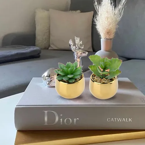 Miniatura 2 de Briful Pequeñas suculentas artificiales en macetas, juego de 2 plantas suculentas realistas con macetas de cerámica doradas, lindas mini plantas