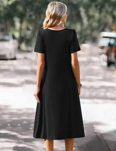 Miniatura 6 de Zeagoo Vestido de verano para mujer, casual, floral, midi, con bolsillos, cuello en V, plisado, manga corta, estilo alineado, para vacaciones