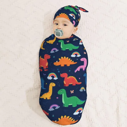 Miniatura 3 de Lindo patrón de dibujos animados de dinosaurios para recién nacido, manta para envolver con gorro, suave saco de dormir para bebé, elástico