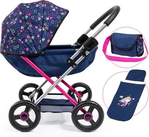 Bayer Juego de cochecito y accesorios para cochecito de muñeca, muñeca de 18 pulgadas, azul, corazones rosados, incluye manta y bolsa de hombro,
