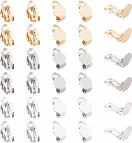 SUNNYCLUE 1 caja de 30 piezas de 3 colores de clip en aretes de clip redondos de espalda plana, convertidores de aretes de acero inoxidable, ajustes