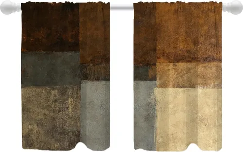 Miniatura 149 de Shrahala Beige and Orange Abstract Art Brushstrokes Blackout Curtain Tiers, Abstract Oil Paint Kitchen Valance Light Blocking Tier Drapes with Rod