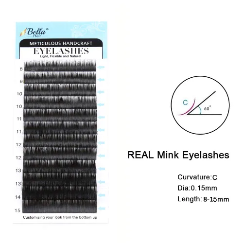 Miniatura 2 de Bella Hair Extensiones de pestañas de visón siberiano real, rizo C, 0.15, longitud mixta, 0.315-0.591 in, pestañas individuales de visón suaves