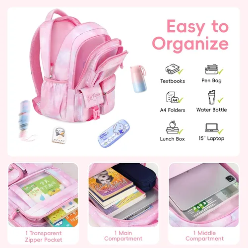 Miniatura 6 de Tanou Mochila con lonchera para niñas, Rosado, Juego de mochila escolar para niña