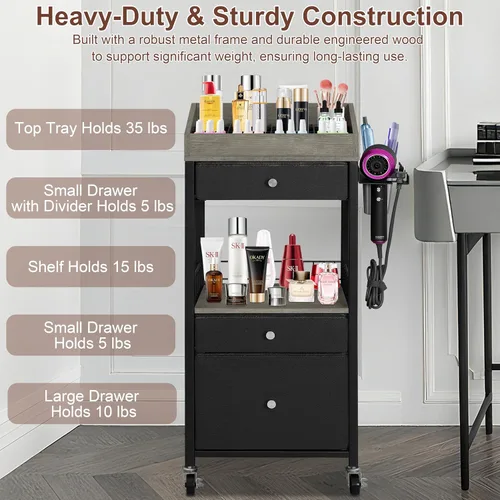 Miniatura 7 de Carrito organizador de maquillaje con 3 cajones, carrito de almacenamiento de cosméticos rodante con divisores ajustables, soporte de herramientas