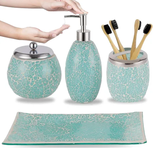 Escenzy - Elegantes conjunto de accesorios de baño verde 4 piezas | Lujoso dispensador de jabón de vidrio, soporte para cepillo de dientes, frasco