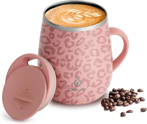 Miniatura 23 de Ideus Taza de café aislada de 16 onzas con asa y tapa, taza de café térmica al vacío de acero inoxidable de doble pared, taza de café de viaje