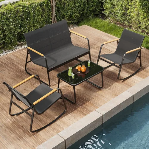 Miniatura 9 de Ahomly - Juego de 4 piezas de muebles de patio, juego de conversación para exteriores de Textilene con 2 sillas mecedoras y mesa de café con tapa