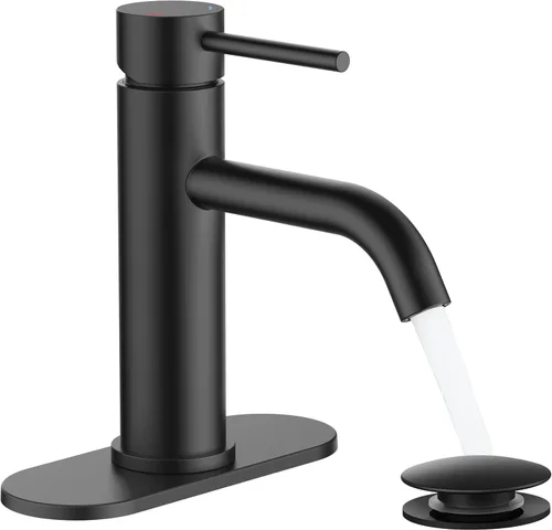 FORIOUS - Grifos de baño negro mate de 1 agujero, grifo de lavabo de acero inoxidable con desagüe emergente de metal y manguera de suministro,
