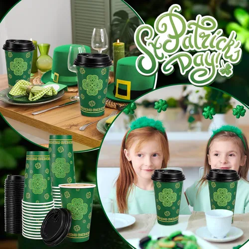 Miniatura 7 de JarThenaAMCS Tazas de café desechables del día de San Patricio con tapas, 16 onzas, trébol de la suerte, tazas de café para llevar, taza de café