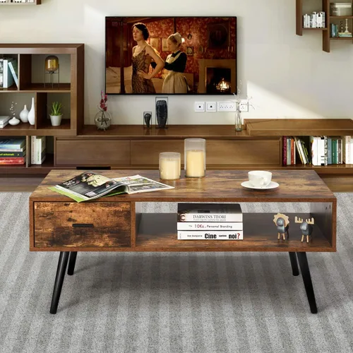 Miniatura 9 de Giantex Mesa auxiliar rectangular, soporte de TV de mediados de siglo con 1 cajón y estante de almacenamiento abierto para sala de estar, sala