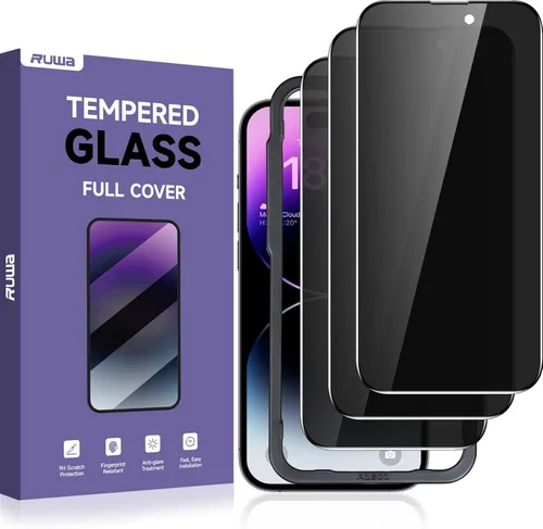 Protector de pantalla de privacidad Ruwa para iPhone 14 Pro Max [Pack de 3] [17 cm] Película de vidrio templado para pantalla con marco de