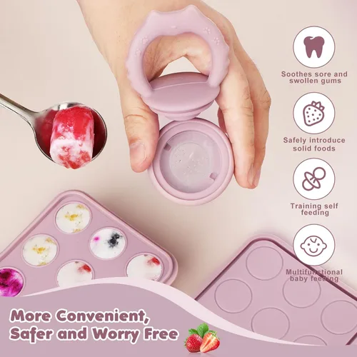 Miniatura 2 de Alimentador de frutas para bebés, moldes para paletas de leche materna, bandeja de silicona para congelar alimentos para aliviar la dentición, Lila