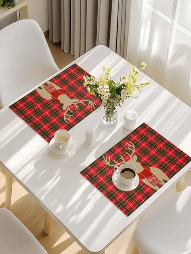 Miniatura 8 de Juego de 4 manteles individuales de reno de Navidad para mesa de comedor, alce de Navidad con bufanda, a cuadros de búfalo rojo, verde, duradero