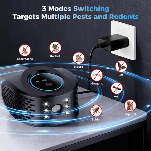 Miniatura 3 de Repelente de roedores con enchufe ultrasónico, repelente de plagas ultrasónico de 360° para interiores con luz estroboscópica LED para casa