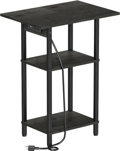 Miniatura 11 de Asgolion - Mesa auxiliar alta con estación de carga, mesita de noche delgada con puertos USB y tomas de corriente, mesa lateral estrecha de 3 Negro