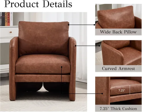 Miniatura 4 de EALSON Silla decorativa moderna tapizada de cuero, sillón de barril de mediados de siglo con cojín acolchado, cómoda silla de lectura para sala