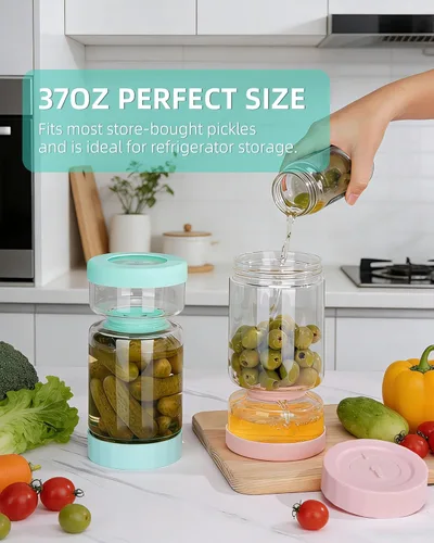 Miniatura 7 de ZENS Tarro de Pepinillos con Colador Abatible, Contenedor Separador de Jugo de Pepinillos de 37 oz en Forma de Arena, Tapa Hermética y a Prueba