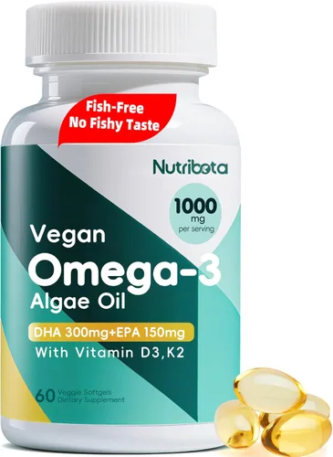 Suplemento de aceite de algas omega-3 vegano con DHA 300 mg y EPA 150 mg, Omega-3 a base de plantas con vitamina D3 y K2, cápsulas blandas de aceite
