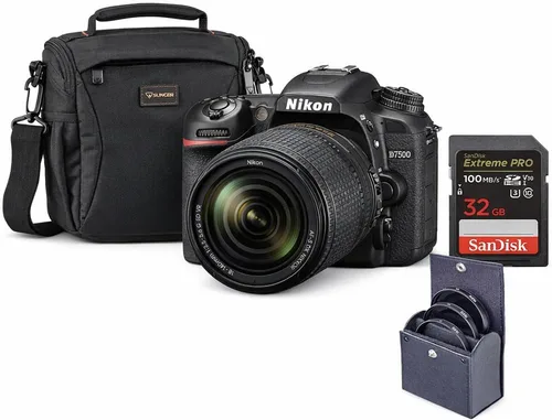 Nikon D7500 DX-Format DSLR Cámara con AF-S DX NIKKOR 0.709-5.512 in f/3.5-5.6G ED VR, paquete con tarjeta de memoria de 32GB, bolsa, kit de filtro